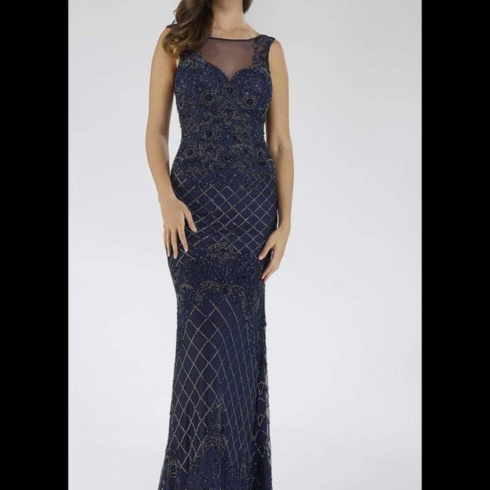 LARA Navy Blue formal Dress with Intricate Patterns NWT